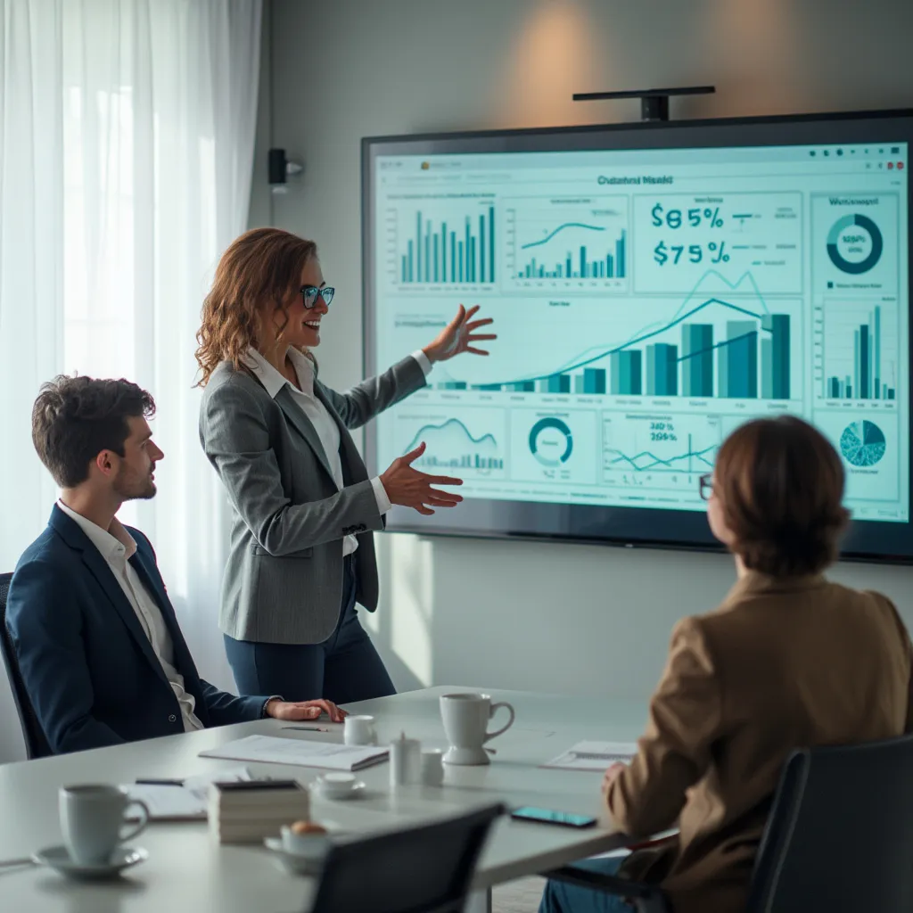 Consultor principal presentando resultados clave a un cliente satisfecho