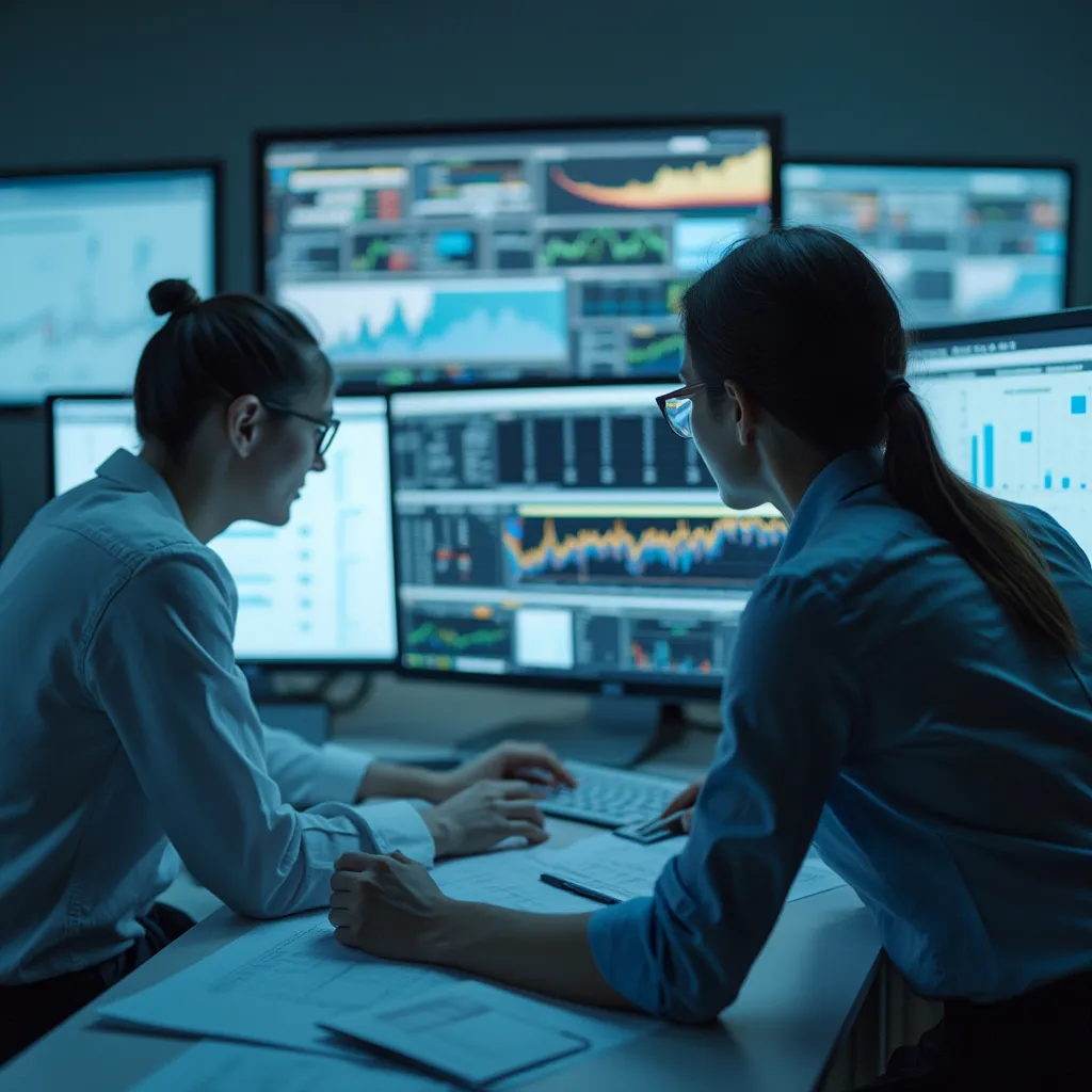 Dos consultores analizando datos complejos en pantallas de computadora avanzadas