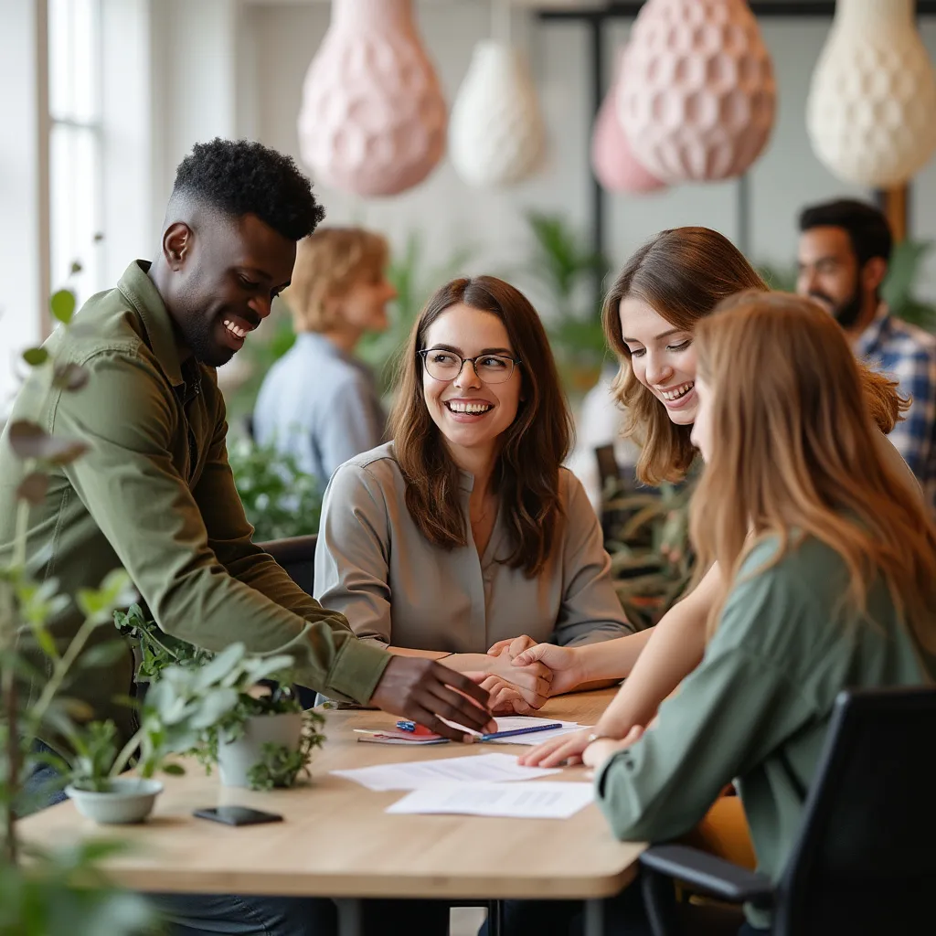 Equipo de consultores colaborando felizmente